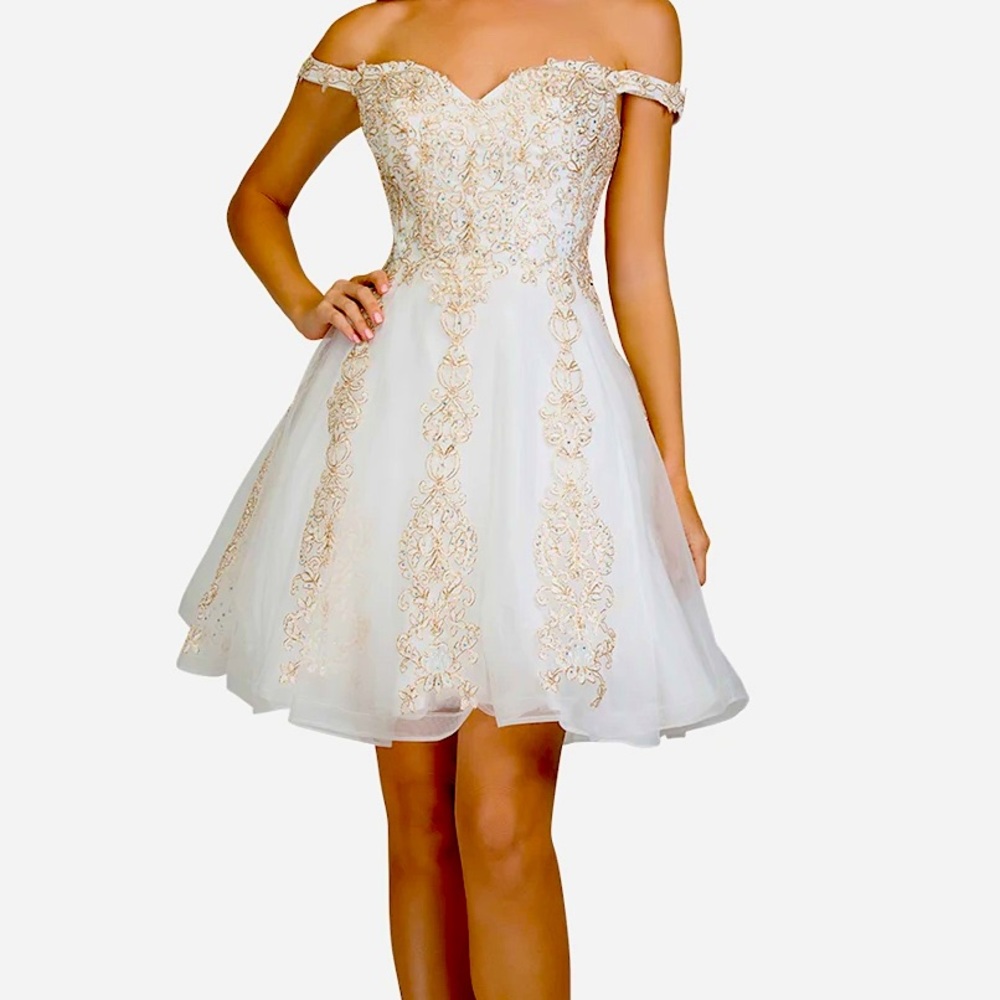 OFF SHOULDER LACE EMBELLISHED HOMECOMING DRESS